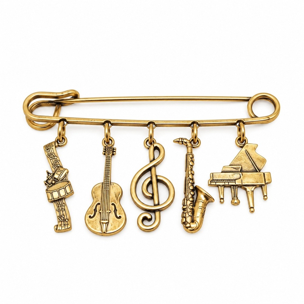 Vintage Gold Tone Safety Pin Brooch Music Themed Charms Piano Guitar 3 Inch